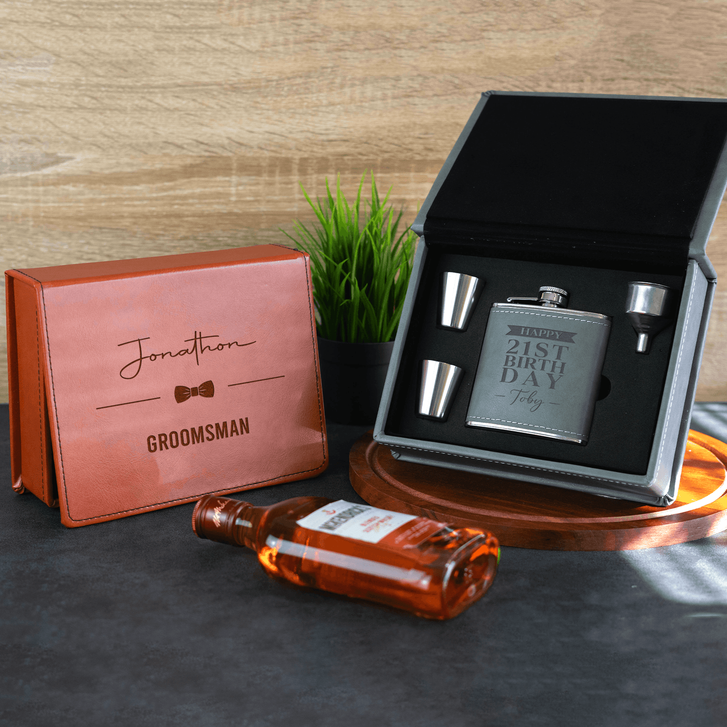 Personalised Engraved Leather Hipflask Gift Set - So Bespoke Gifts